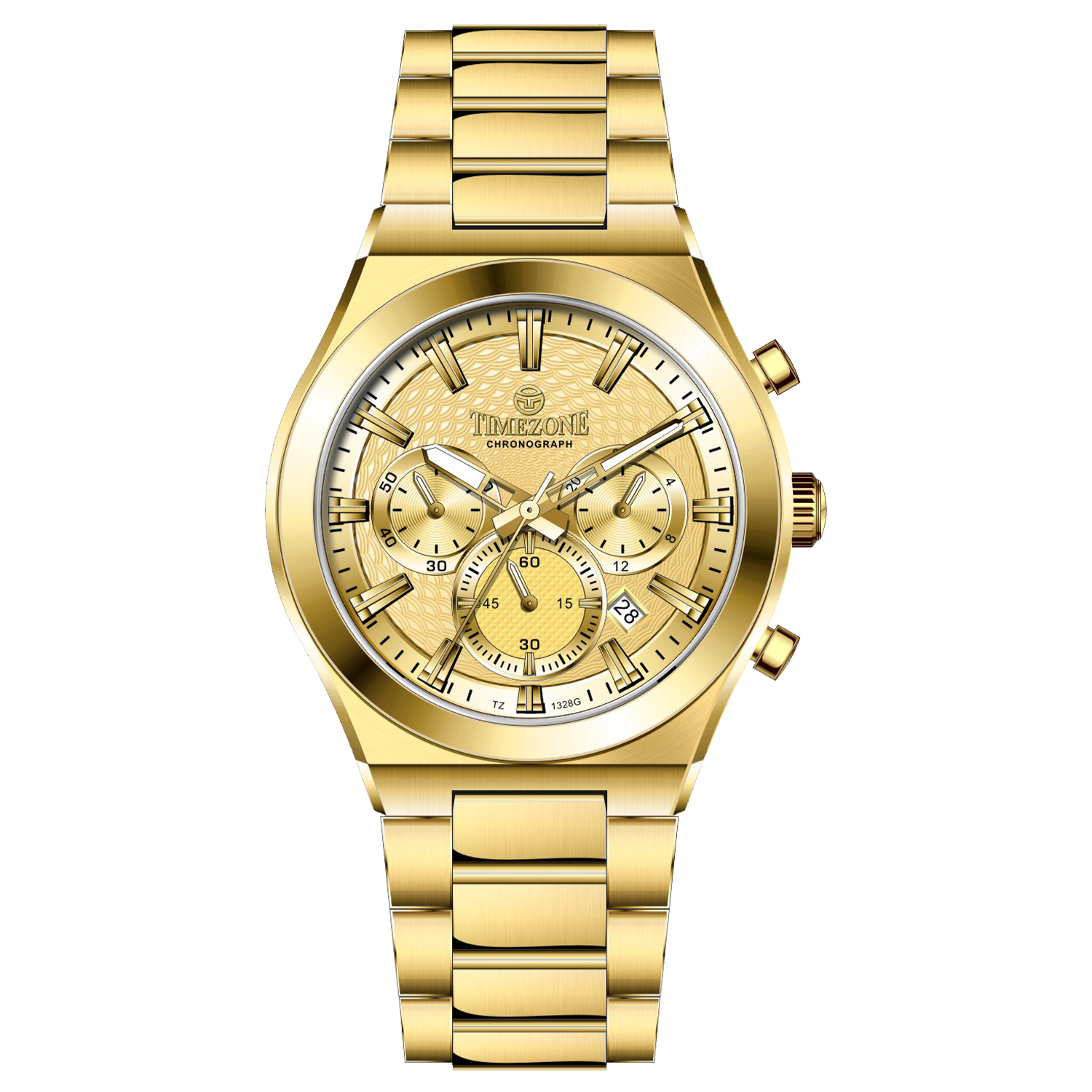 Branded wrist watch for men in pakistan. A gold-colored stainless steel watch with multicolor accents, featuring a chronograph display.