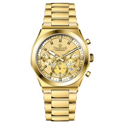 Branded wrist watch for men in pakistan. A gold-colored stainless steel watch with multicolor accents, featuring a chronograph display.