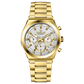 Branded wrist watch for men in pakistan. A gold-colored stainless steel watch with a white dial and multicolor accents, featuring a chronograph display.