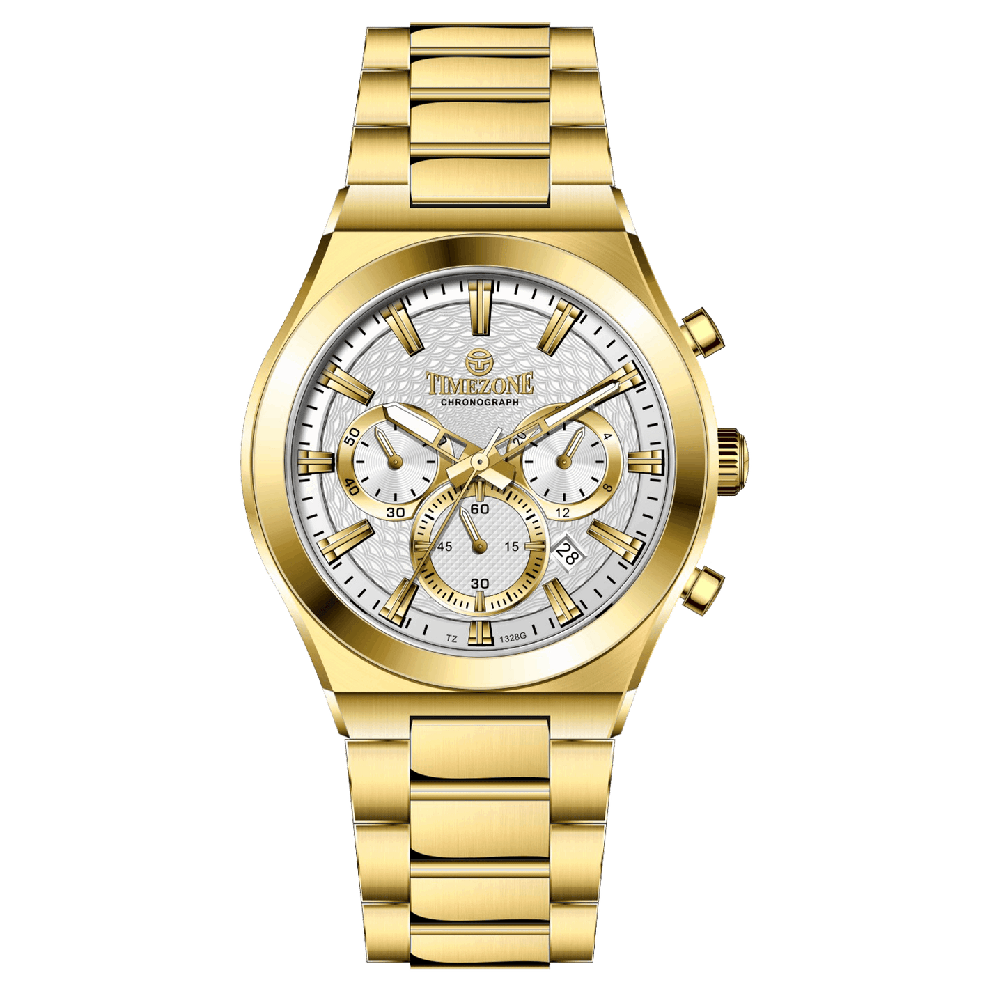 Branded wrist watch for men in pakistan. A gold-colored stainless steel watch with a white dial and multicolor accents, featuring a chronograph display.