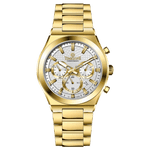 Branded wrist watch for men in pakistan. A gold-colored stainless steel watch with a white dial and multicolor accents, featuring a chronograph display.