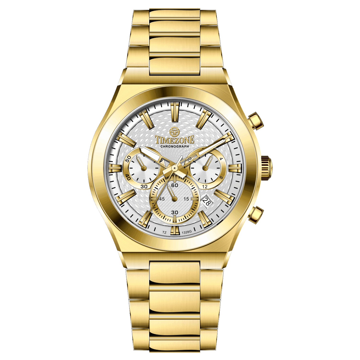 Branded wrist watch for men in pakistan. A gold-colored stainless steel watch with a white dial and multicolor accents, featuring a chronograph display.