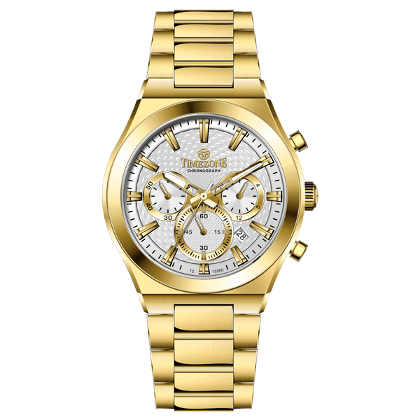 Branded wrist watch for men in pakistan. A gold-colored stainless steel watch with a white dial and multicolor accents, featuring a chronograph display.