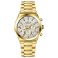 Branded wrist watch for men in pakistan. A gold-colored stainless steel watch with a white dial and multicolor accents, featuring a chronograph display.