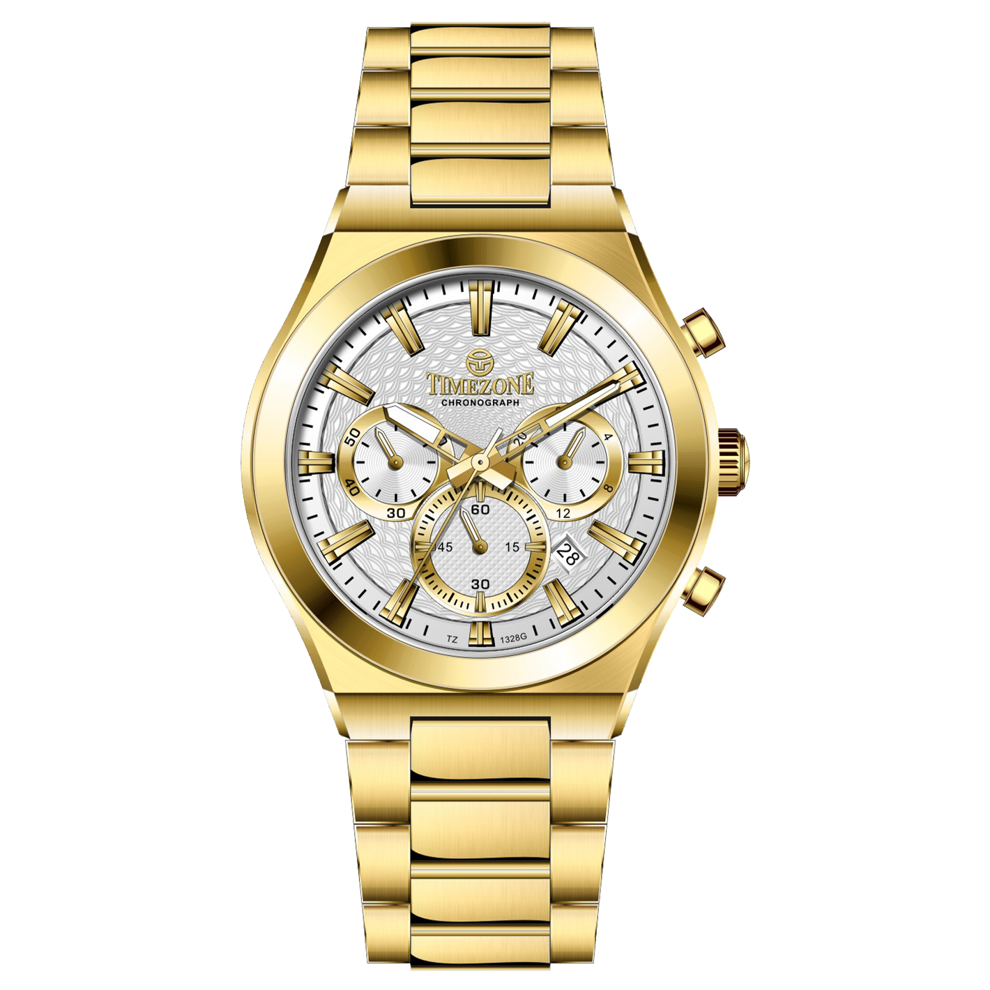 Branded wrist watch for men in pakistan. A gold-colored stainless steel watch with a white dial and multicolor accents, featuring a chronograph display.