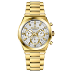 Branded wrist watch for men in pakistan. A gold-colored stainless steel watch with a white dial and multicolor accents, featuring a chronograph display.