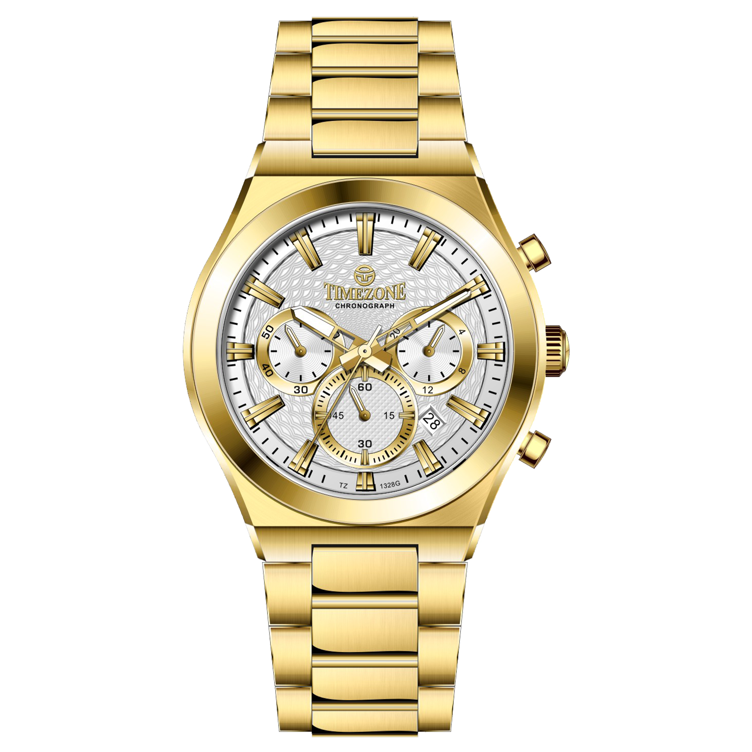 Branded wrist watch for men in pakistan. A gold-colored stainless steel watch with a white dial and multicolor accents, featuring a chronograph display.