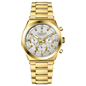 Branded wrist watch for men in pakistan. A gold-colored stainless steel watch with a white dial and multicolor accents, featuring a chronograph display.