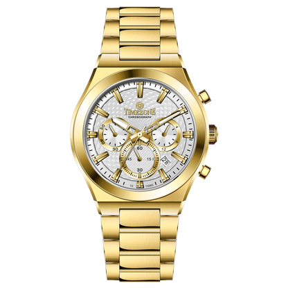 Branded wrist watch for men in pakistan. A gold-colored stainless steel watch with a white dial and multicolor accents, featuring a chronograph display.