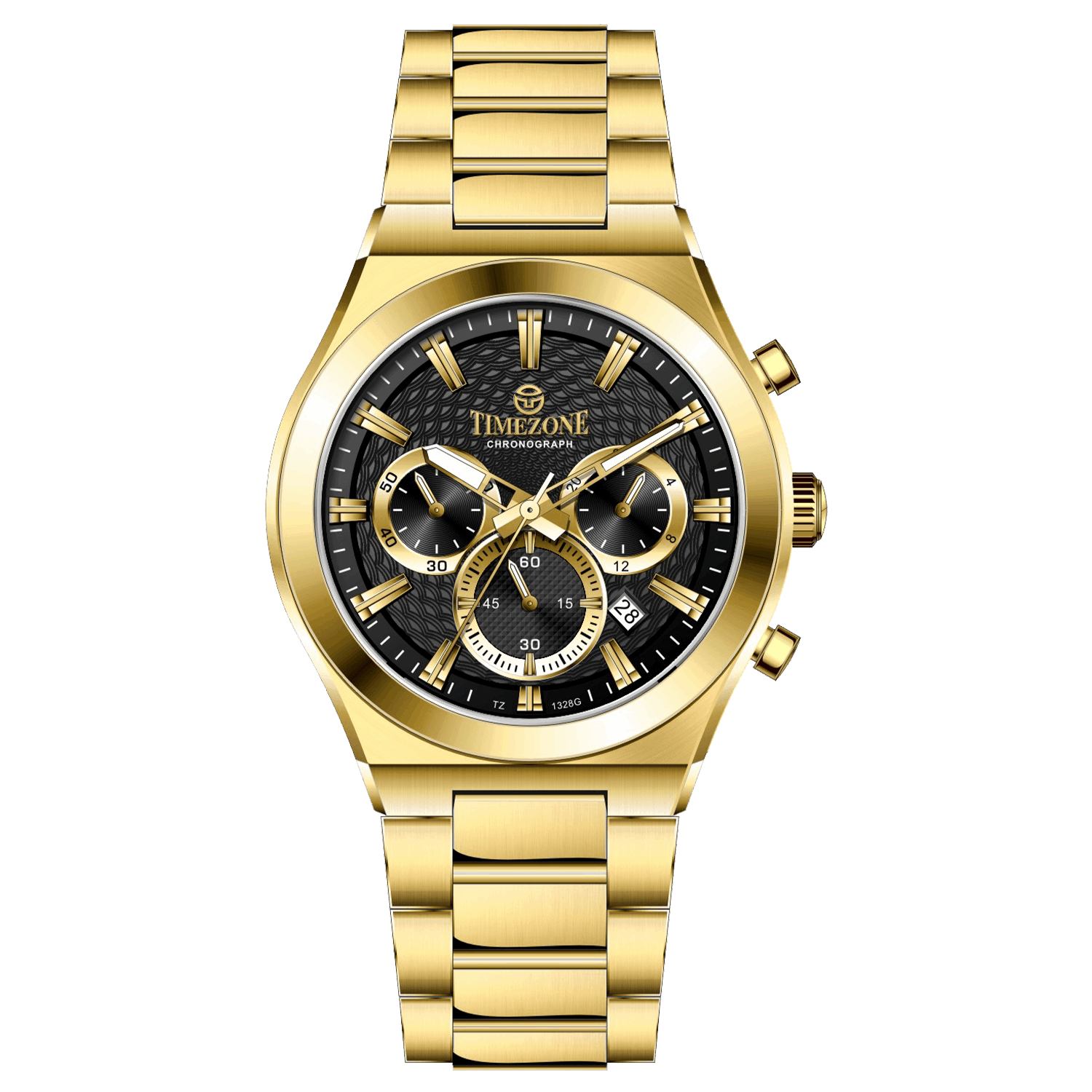 Branded wrist watch for men in pakistan. A gold-colored stainless steel watch with multicolor accents, featuring a chronograph display.