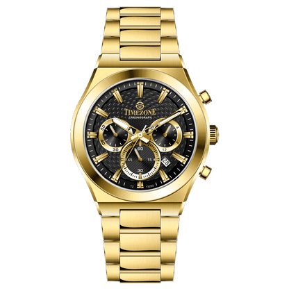 Branded wrist watch for men in pakistan. A gold-colored stainless steel watch with multicolor accents, featuring a chronograph display.
