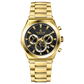 Branded wrist watch for men in pakistan. A gold-colored stainless steel watch with multicolor accents, featuring a chronograph display.