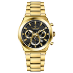 Branded wrist watch for men in pakistan. A gold-colored stainless steel watch with multicolor accents, featuring a chronograph display.