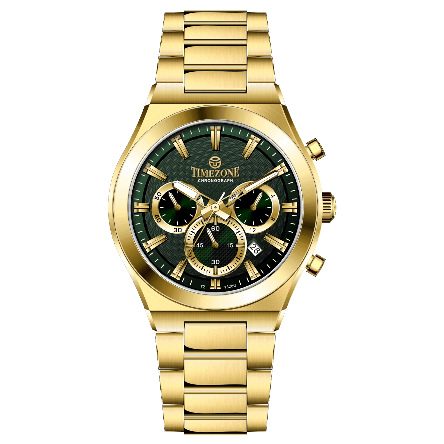 Branded wrist watch for men in pakistan. A gold-colored stainless steel watch with  multicolor accents, featuring a chronograph display.