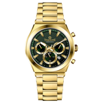 Branded wrist watch for men in pakistan. A gold-colored stainless steel watch with  multicolor accents, featuring a chronograph display.