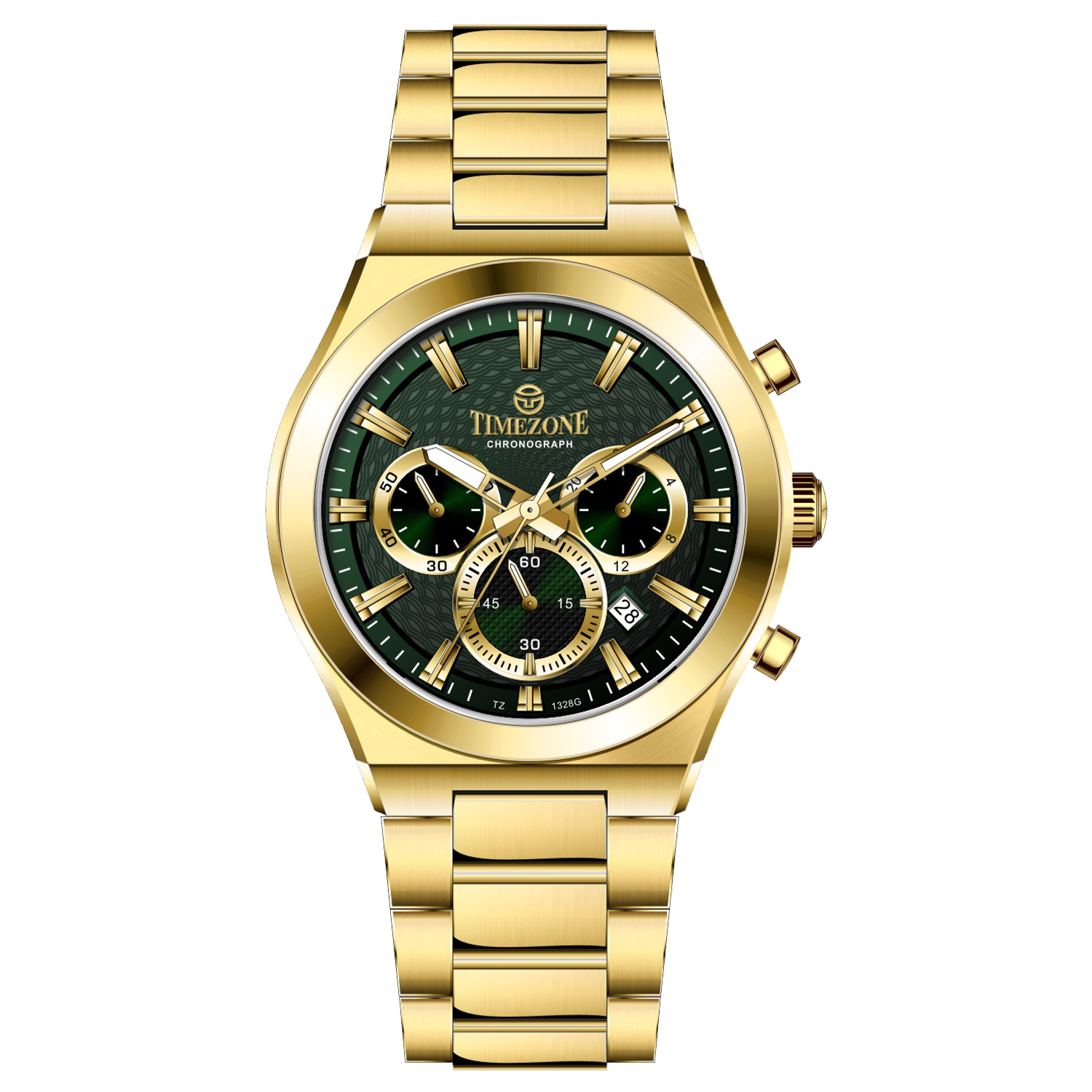 Branded wrist watch for men in pakistan. A gold-colored stainless steel watch with  multicolor accents, featuring a chronograph display.