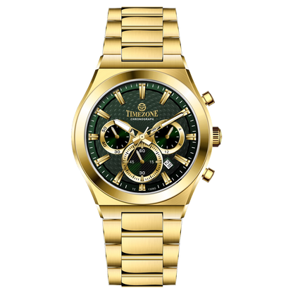 Branded wrist watch for men in pakistan. A gold-colored stainless steel watch with  multicolor accents, featuring a chronograph display.