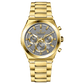 Branded wrist watch for men in pakistan. A gold-colored stainless steel watch with a white dial and multicolor accents, featuring a chronograph display.