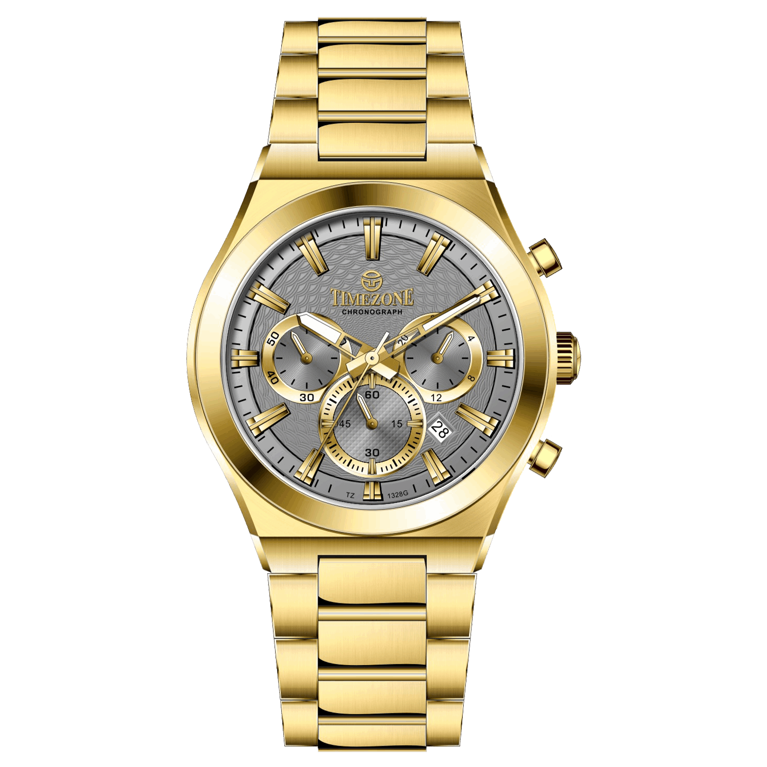 Branded wrist watch for men in pakistan. A gold-colored stainless steel watch with a white dial and multicolor accents, featuring a chronograph display.