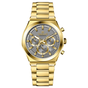 Branded wrist watch for men in pakistan. A gold-colored stainless steel watch with a white dial and multicolor accents, featuring a chronograph display.