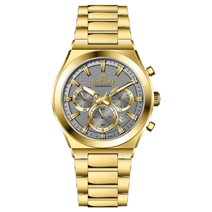 Branded wrist watch for men in pakistan. A gold-colored stainless steel watch with a white dial and multicolor accents, featuring a chronograph display.