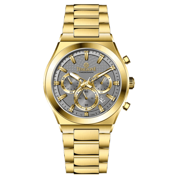 Branded wrist watch for men in pakistan. A gold-colored stainless steel watch with a white dial and multicolor accents, featuring a chronograph display.