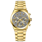 Branded wrist watch for men in pakistan. A gold-colored stainless steel watch with a white dial and multicolor accents, featuring a chronograph display.