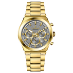 Branded wrist watch for men in pakistan. A gold-colored stainless steel watch with a white dial and multicolor accents, featuring a chronograph display.