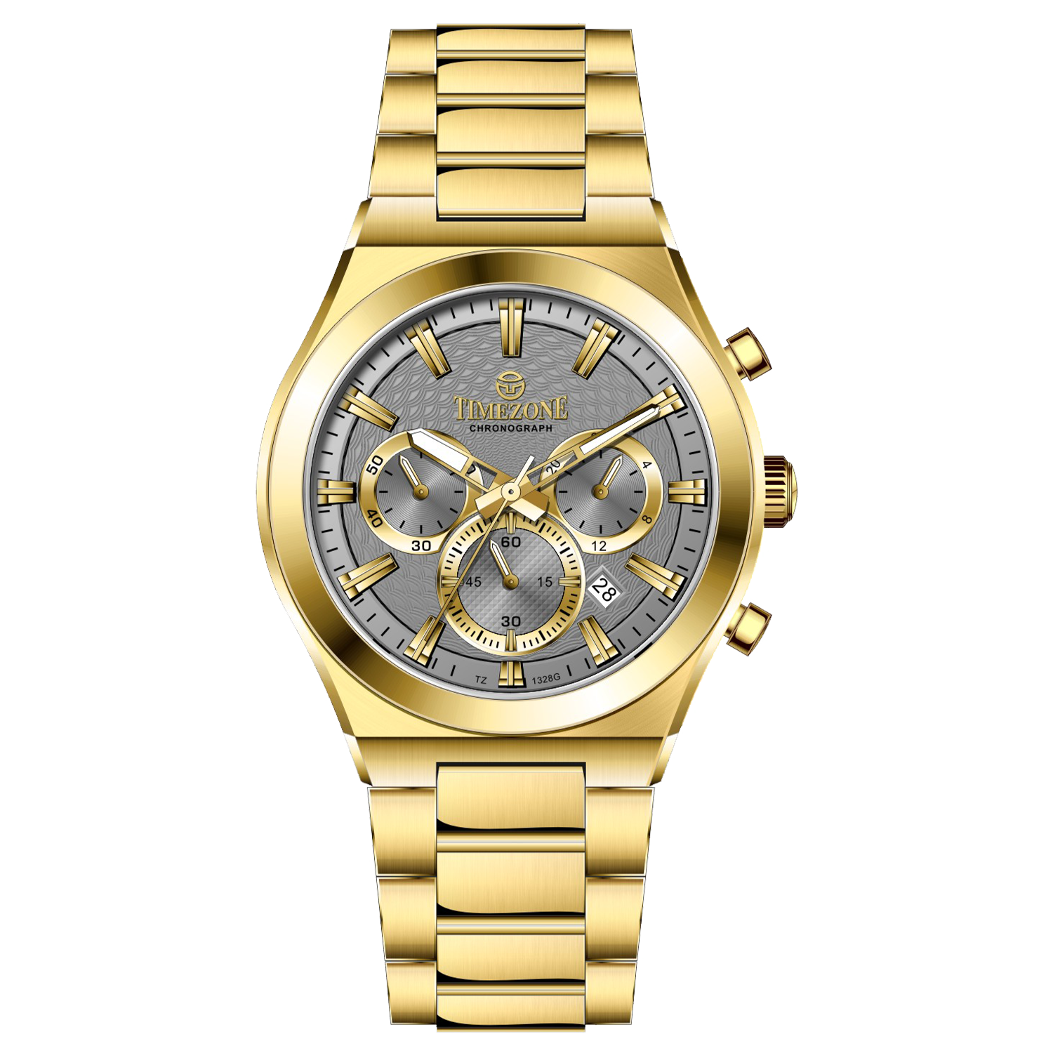 Branded wrist watch for men in pakistan. A gold-colored stainless steel watch with a white dial and multicolor accents, featuring a chronograph display.