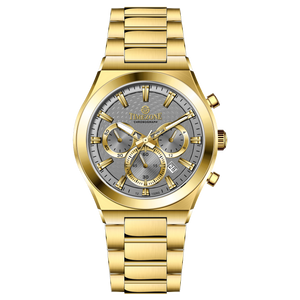 Branded wrist watch for men in pakistan. A gold-colored stainless steel watch with a white dial and multicolor accents, featuring a chronograph display.