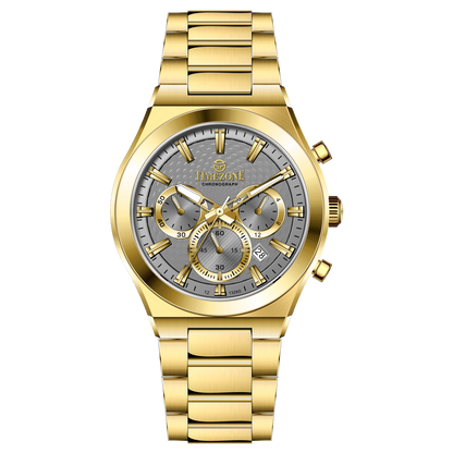 Branded wrist watch for men in pakistan. A gold-colored stainless steel watch with a white dial and multicolor accents, featuring a chronograph display.