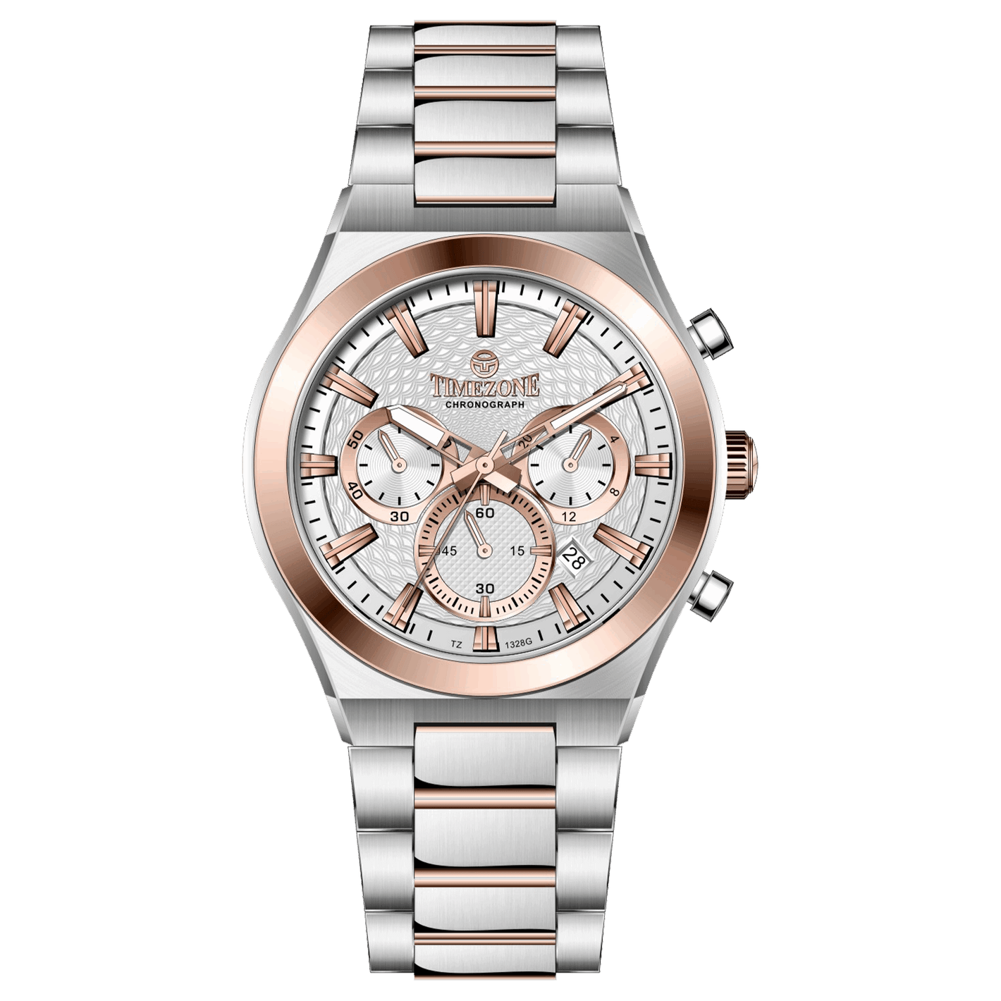 Branded wrist watch for men in pakistan. A silver and rose gold stainless steel watch with a chronograph dial and a bracelet strap.