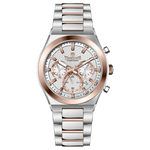 Branded wrist watch for men in pakistan. A silver and rose gold stainless steel watch with a chronograph dial and a bracelet strap.