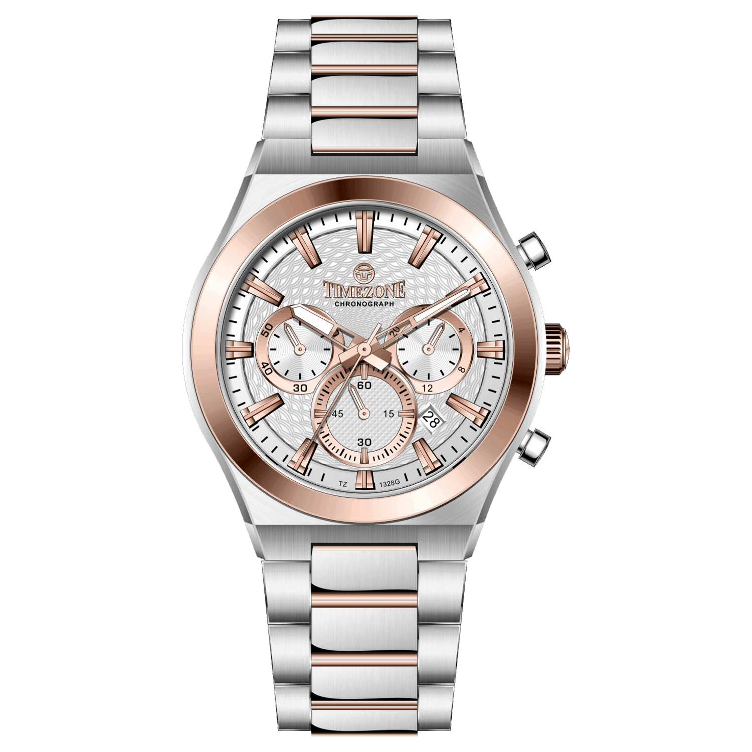 Branded wrist watch for men in pakistan. A silver and rose gold stainless steel watch with a chronograph dial and a bracelet strap.