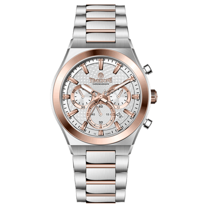 Branded wrist watch for men in pakistan. A silver and rose gold stainless steel watch with a chronograph dial and a bracelet strap.