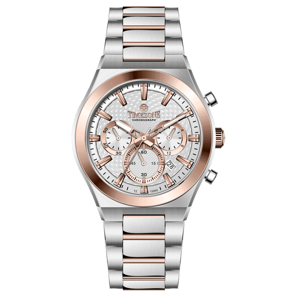 Branded wrist watch for men in pakistan. A silver and rose gold stainless steel watch with a chronograph dial and a bracelet strap.