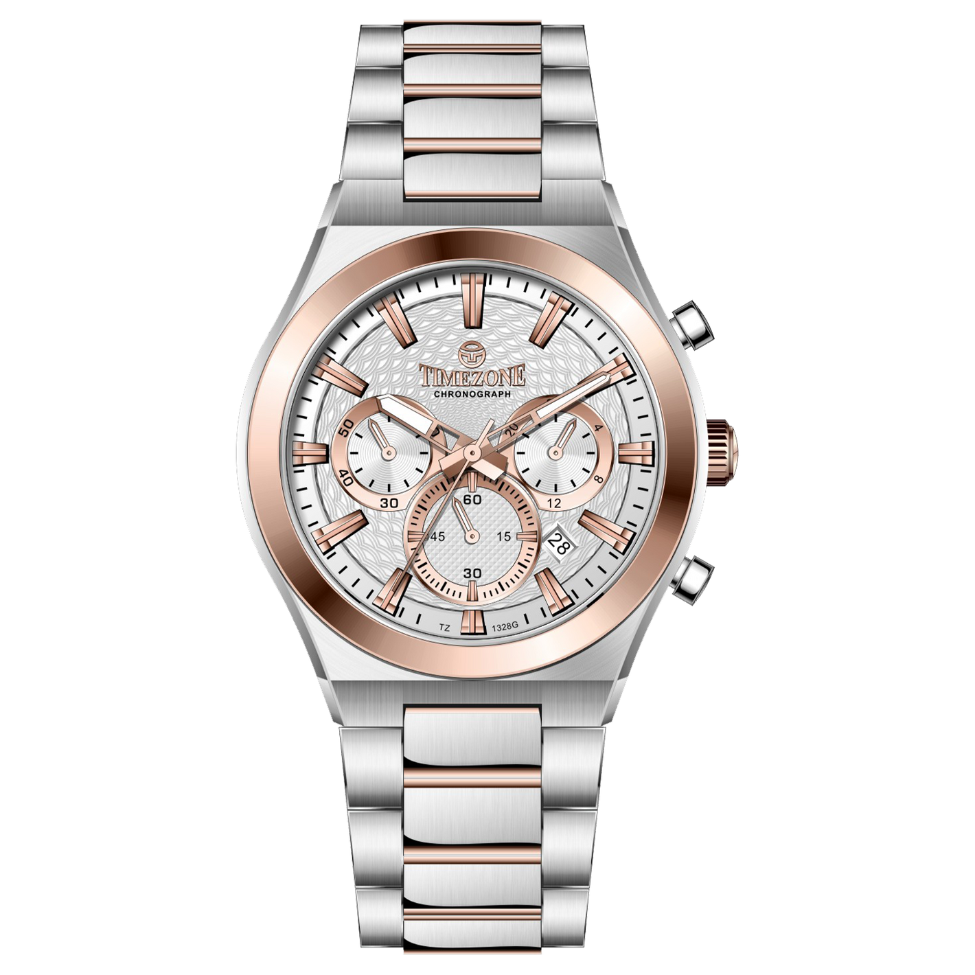 Branded wrist watch for men in pakistan. A silver and rose gold stainless steel watch with a chronograph dial and a bracelet strap.