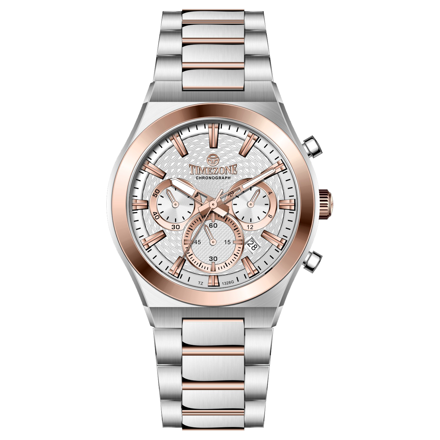 Branded wrist watch for men in pakistan. A silver and rose gold stainless steel watch with a chronograph dial and a bracelet strap.