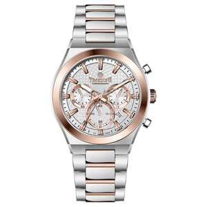 Branded wrist watch for men in pakistan. A silver and rose gold stainless steel watch with a chronograph dial and a bracelet strap.