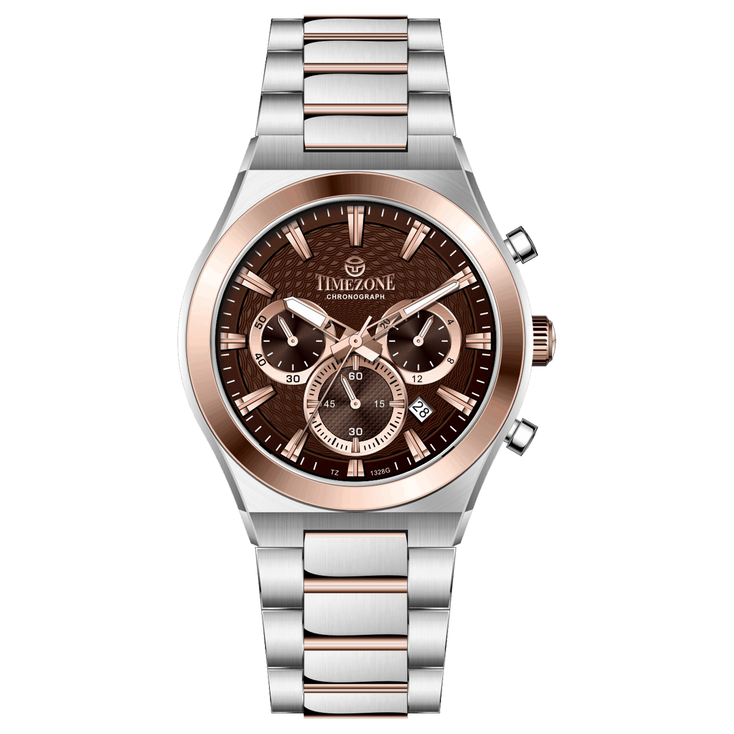 Branded wrist watch for men in pakistan. A silver and rose gold stainless steel watch with a chronograph dial and a bracelet strap.