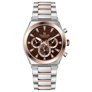 Branded wrist watch for men in pakistan. A silver and rose gold stainless steel watch with a chronograph dial and a bracelet strap.