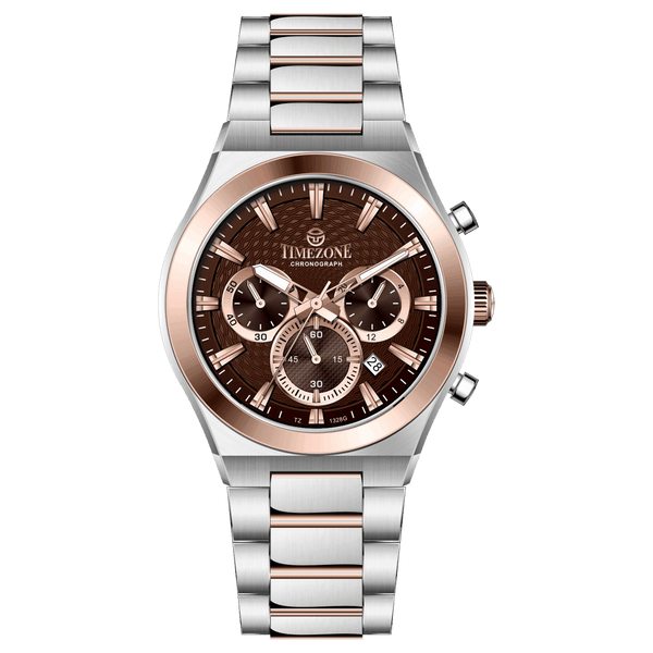 Branded wrist watch for men in pakistan. A silver and rose gold stainless steel watch with a chronograph dial and a bracelet strap.