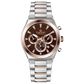 Branded wrist watch for men in pakistan. A silver and rose gold stainless steel watch with a chronograph dial and a bracelet strap.
