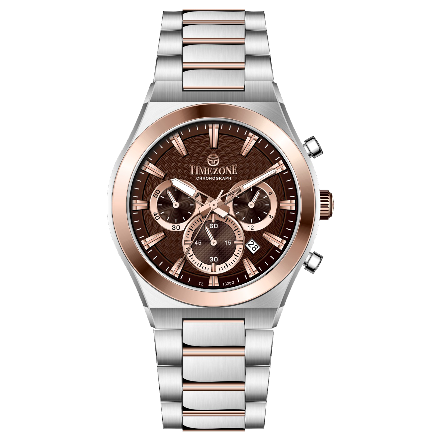 Branded wrist watch for men in pakistan. A silver and rose gold stainless steel watch with a chronograph dial and a bracelet strap.