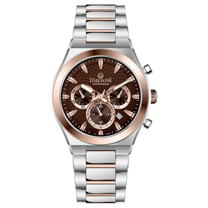 Branded wrist watch for men in pakistan. A silver and rose gold stainless steel watch with a chronograph dial and a bracelet strap.
