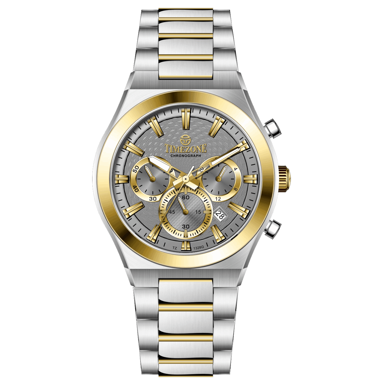 Branded wrist watches for men in pakistan. A silver and gold stainless steel chronograph watch with a two-tone band and a white dial with gold accents.