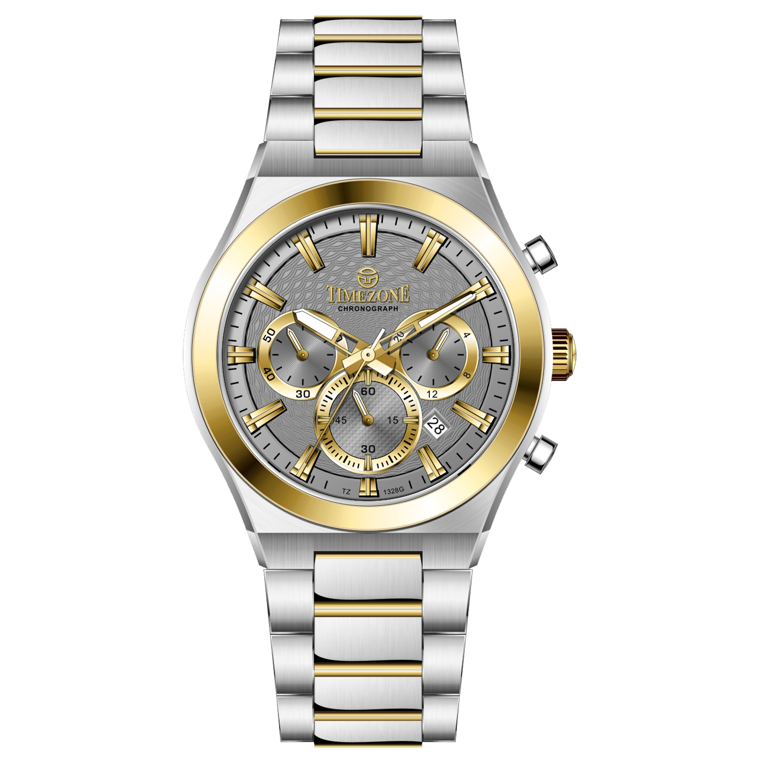 Branded wrist watches for men in pakistan. A silver and gold stainless steel chronograph watch with a two-tone band and a white dial with gold accents.