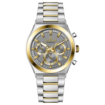 Branded wrist watches for men in pakistan. A silver and gold stainless steel chronograph watch with a two-tone band and a white dial with gold accents.
