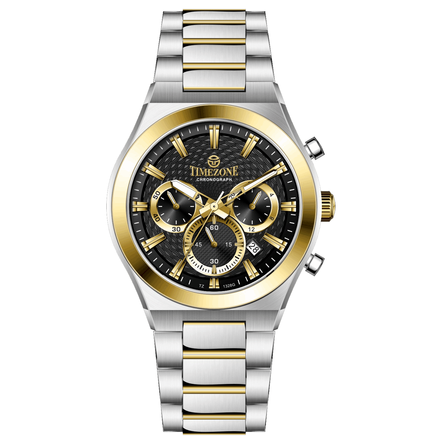 Branded wrist watches for men in pakistan. A silver and gold stainless steel chronograph watch with a two-tone band and a white dial with gold accents.