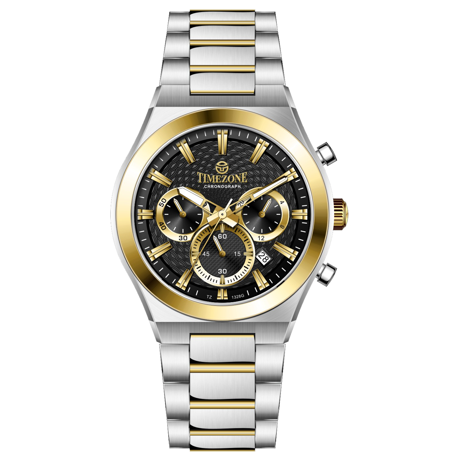 Branded wrist watches for men in pakistan. A silver and gold stainless steel chronograph watch with a two-tone band and a white dial with gold accents.